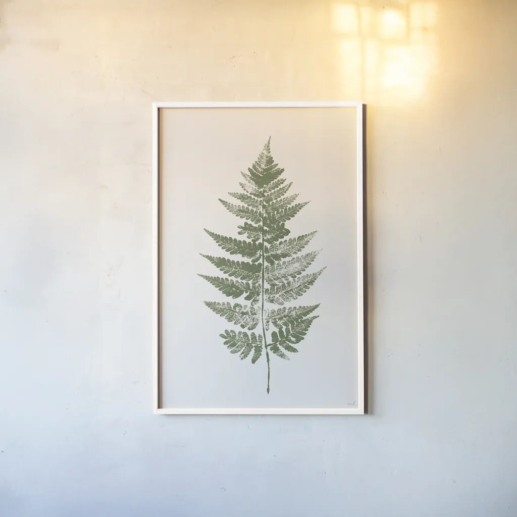 Fern Print I White Crop by Moira Hershey. shown as a paper print in a white frame. Available as a archival giclee rolled canvas, fine art paper, or poster print. SKU 67461h.