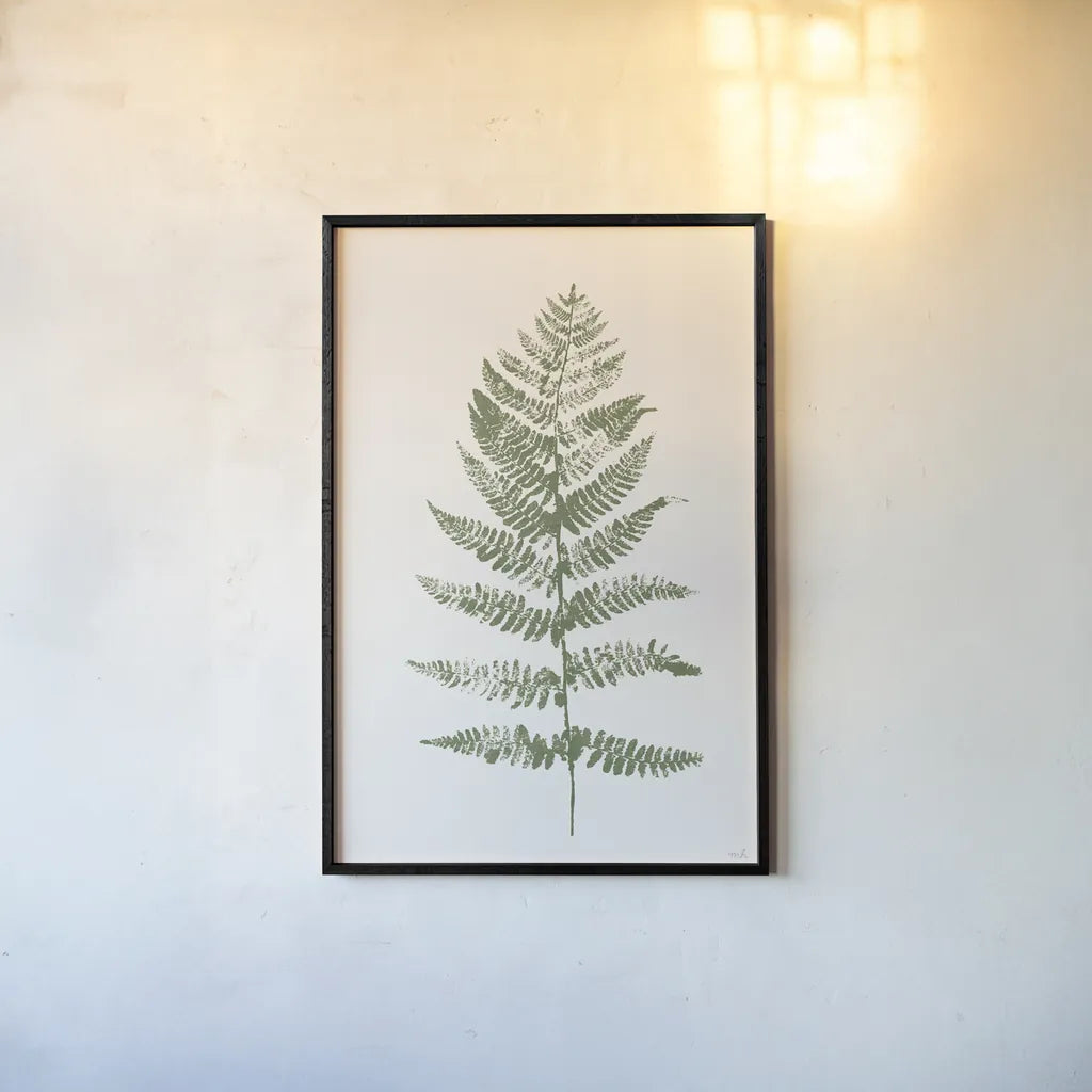 Fern Print II White Crop by Moira Hershey. shown as a paper print in a black flame. Available as a archival giclee rolled canvas, fine art paper, or poster print. SKU 67462h.