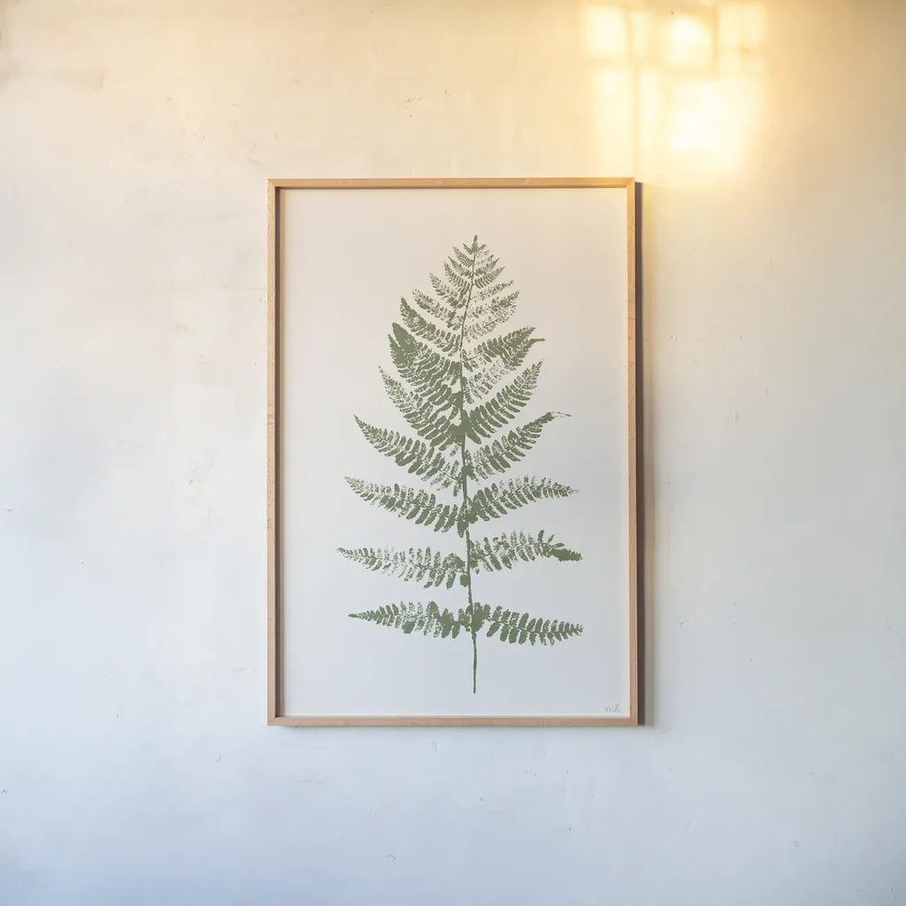 Fern Print II White Crop by Moira Hershey. shown as a paper print in a natural frame. Available as a archival giclee rolled canvas, fine art paper, or poster print. SKU 67462h.