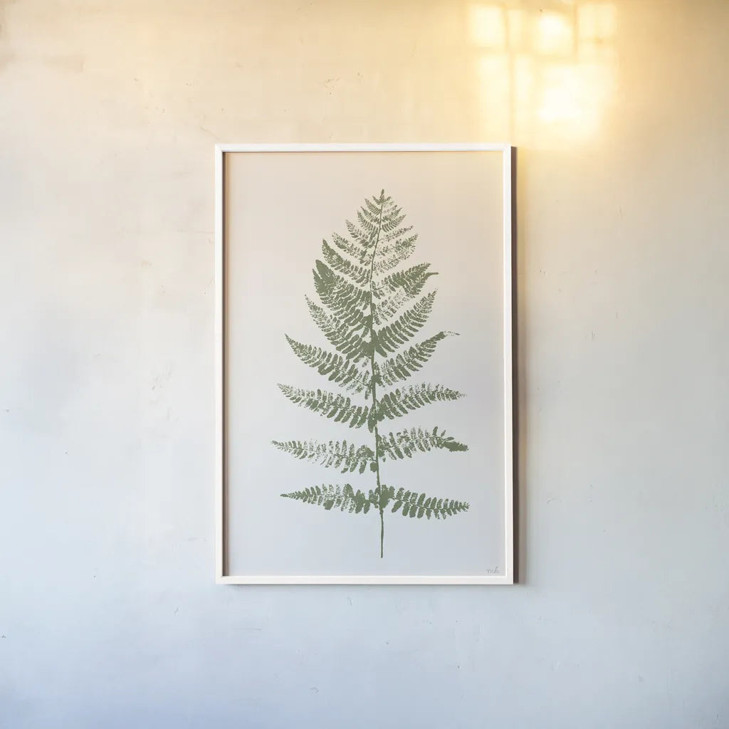 Fern Print II White Crop by Moira Hershey. shown as a paper print in a white frame. Available as a archival giclee rolled canvas, fine art paper, or poster print. SKU 67462h.