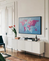 Geo Map Boho I by Moira Hershey. shown as a framed stretched canvas in a living room above a console. Available as a archival giclee rolled canvas, fine art paper, or poster print. SKU 35958i.