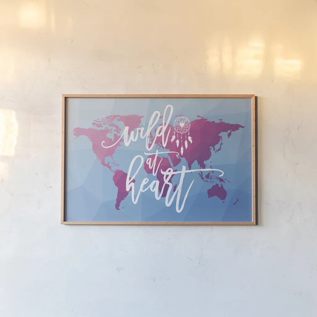 Geo Map Boho I by Moira Hershey. shown as a paper print in a natural frame. Available as a archival giclee rolled canvas, fine art paper, or poster print. SKU 35958i.