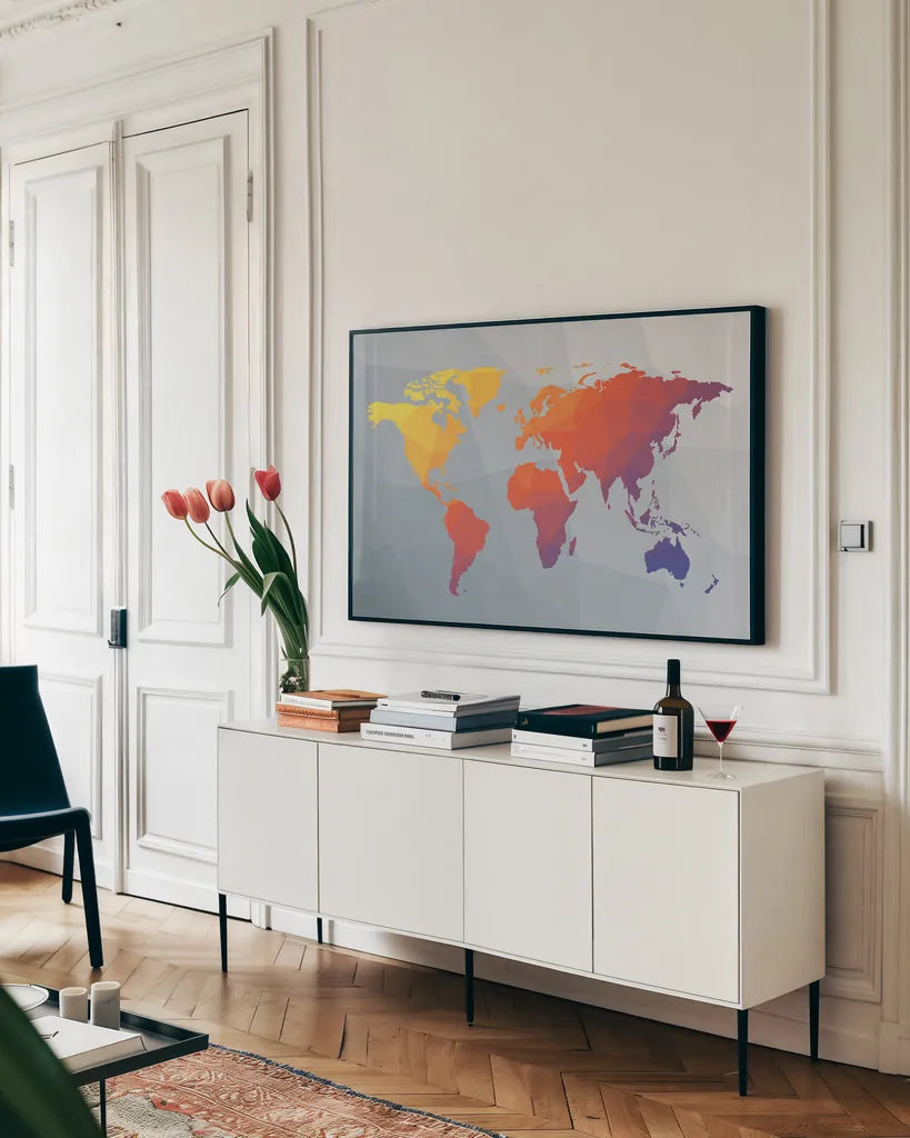Geo Map I by Moira Hershey. shown as a framed stretched canvas in a living room above a console. Available as a archival giclee rolled canvas, fine art paper, or poster print. SKU 35956i.