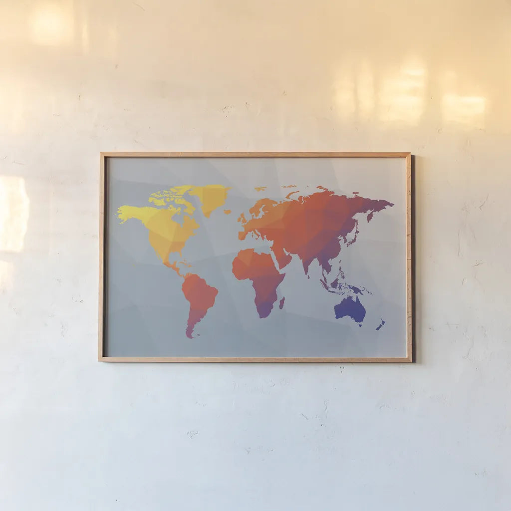 Geo Map I by Moira Hershey. shown as a paper print in a natural frame. Available as a archival giclee rolled canvas, fine art paper, or poster print. SKU 35956i.