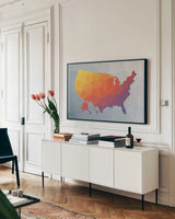 Geo Map II by Moira Hershey. shown as a framed stretched canvas in a living room above a console. Available as a archival giclee rolled canvas, fine art paper, or poster print. SKU 35957i.