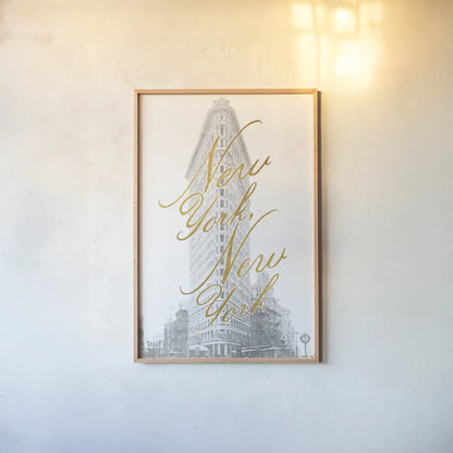 Gilded New York v2 by Moira Hershey. shown as a paper print in a natural frame. Available as a archival giclee rolled canvas, fine art paper, or poster print. SKU 20669h.