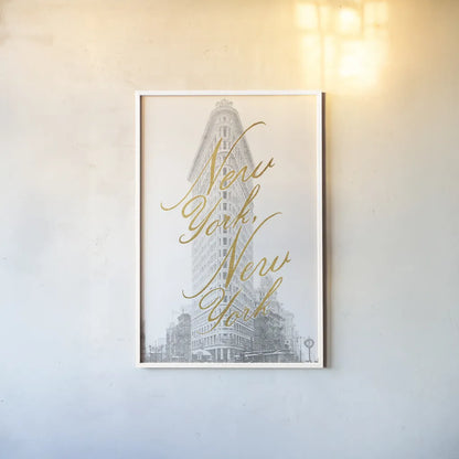 Gilded New York v2 by Moira Hershey. shown as a paper print in a white frame. Available as a archival giclee rolled canvas, fine art paper, or poster print. SKU 20669h.