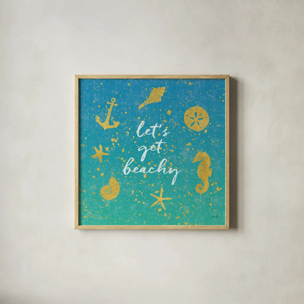 Golden Sea I by Moira Hershey. Shown in a natural wood glass frame for a timeless modern aesthetic. Available as an archival giclee rolled canvas, fine art paper, or poster print. SKU 18842a.