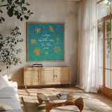 Golden Sea II by Moira Hershey. Shown in a natural wood frame in a cozy modern living room. Available as an archival giclee rolled canvas, fine art paper, or poster print. SKU 18843a.