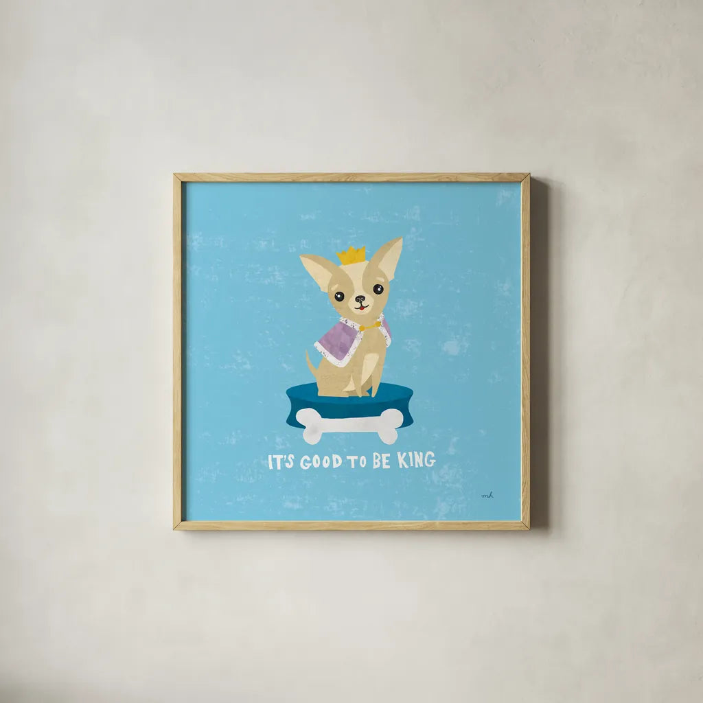 Good Dogs Chihuahua by Moira Hershey. Shown in a natural wood glass frame for a timeless modern aesthetic. Available as an archival giclee rolled canvas, fine art paper, or poster print. SKU 21235a.