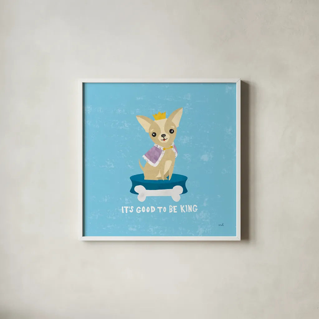 Good Dogs Chihuahua by Moira Hershey. Shown in a crisp white glass frame for a clean and minimalist style. Available as an archival giclee rolled canvas, fine art paper, or poster print. SKU 21235a.