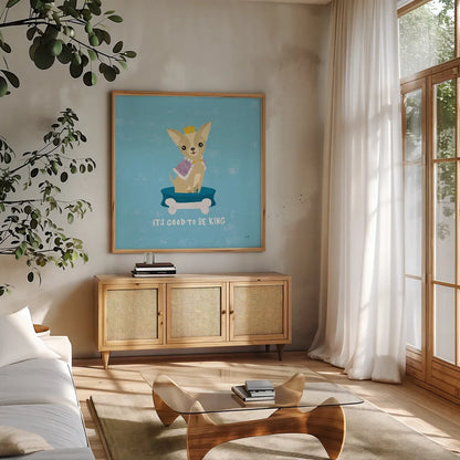 Good Dogs Chihuahua by Moira Hershey. Shown in a natural wood frame in a cozy modern living room. Available as an archival giclee rolled canvas, fine art paper, or poster print. SKU 21235a.