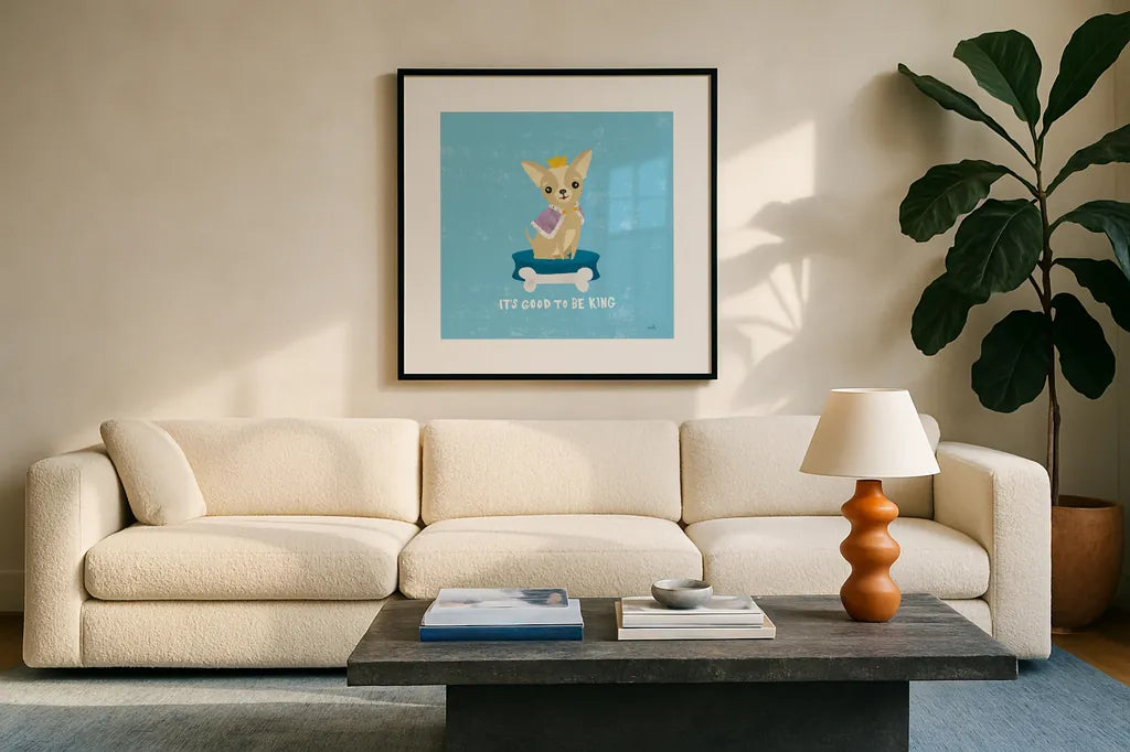 Good Dogs Chihuahua by Moira Hershey. Displayed in a glass frame with matte in a clean modern living room. Available as an archival giclee rolled canvas, fine art paper, or poster print. SKU 21235a.