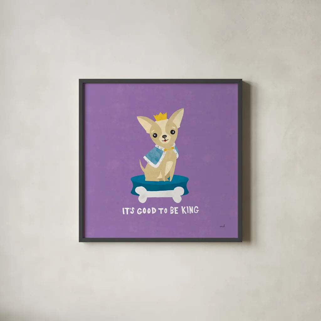 Good Dogs Chihuahua Bright by Moira Hershey. Shown in a sleek black glass frame for a contemporary gallery look. Available as an archival giclee rolled canvas, fine art paper, or poster print. SKU 21627a.