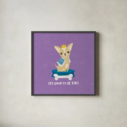 Good Dogs Chihuahua Bright by Moira Hershey. Shown in a sleek black glass frame for a contemporary gallery look. Available as an archival giclee rolled canvas, fine art paper, or poster print. SKU 21627a.