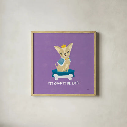 Good Dogs Chihuahua Bright by Moira Hershey. Shown in a natural wood glass frame for a timeless modern aesthetic. Available as an archival giclee rolled canvas, fine art paper, or poster print. SKU 21627a.