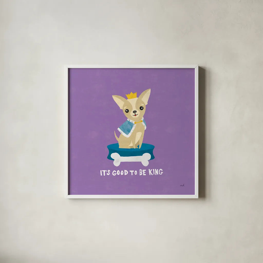 Good Dogs Chihuahua Bright by Moira Hershey. Shown in a crisp white glass frame for a clean and minimalist style. Available as an archival giclee rolled canvas, fine art paper, or poster print. SKU 21627a.