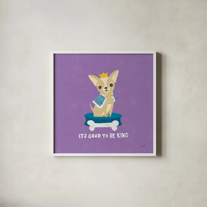 Good Dogs Chihuahua Bright by Moira Hershey. Shown in a crisp white glass frame for a clean and minimalist style. Available as an archival giclee rolled canvas, fine art paper, or poster print. SKU 21627a.