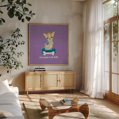 Good Dogs Chihuahua Bright by Moira Hershey. Shown in a natural wood frame in a cozy modern living room. Available as an archival giclee rolled canvas, fine art paper, or poster print. SKU 21627a.