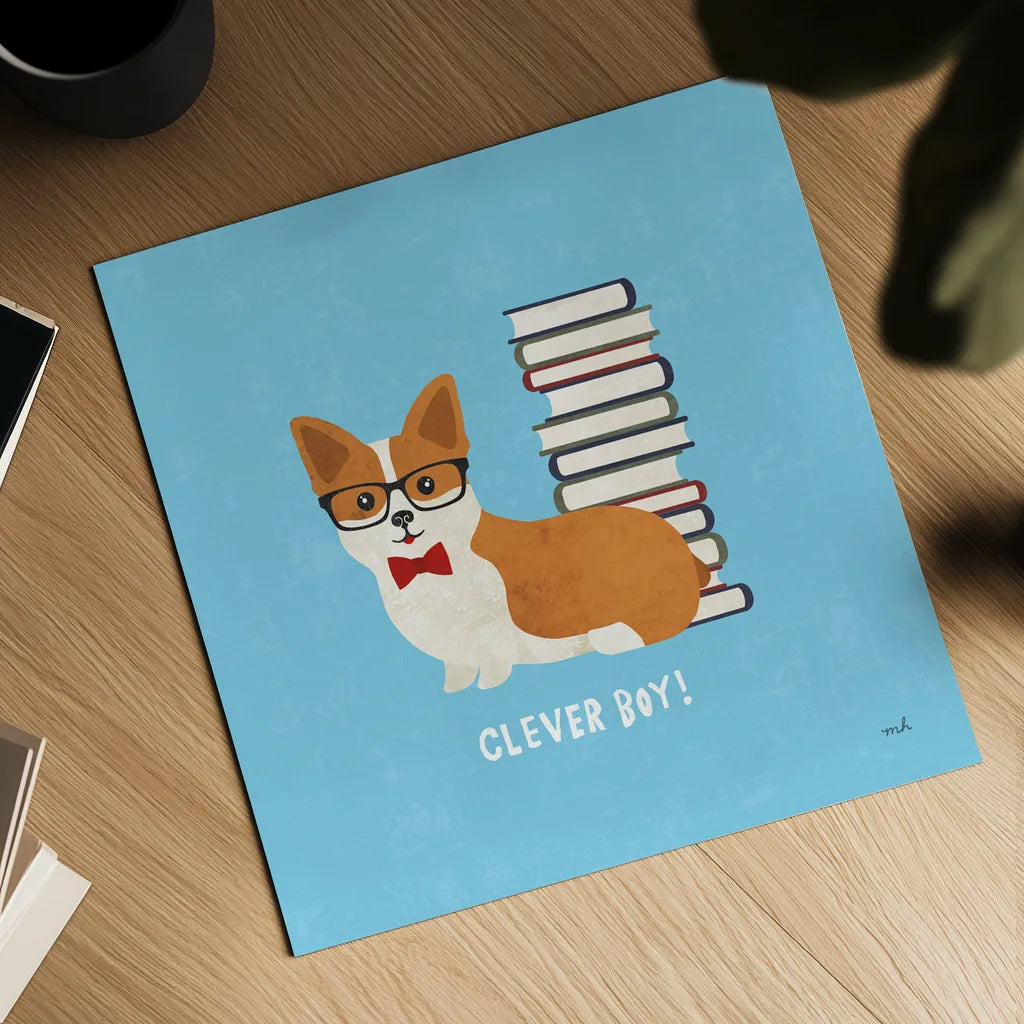 Good Dogs Corgi Bright by Moira Hershey. Shown as a detailed flat fine art print, highlighting archival giclee quality. Available as an archival giclee rolled canvas, fine art paper, or poster print. SKU 21628a.