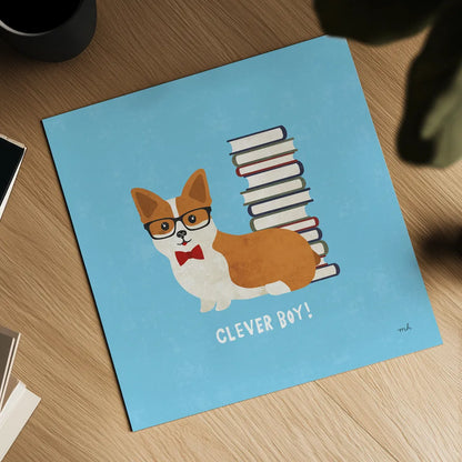 Good Dogs Corgi Bright by Moira Hershey. Shown as a detailed flat fine art print, highlighting archival giclee quality. Available as an archival giclee rolled canvas, fine art paper, or poster print. SKU 21628a.