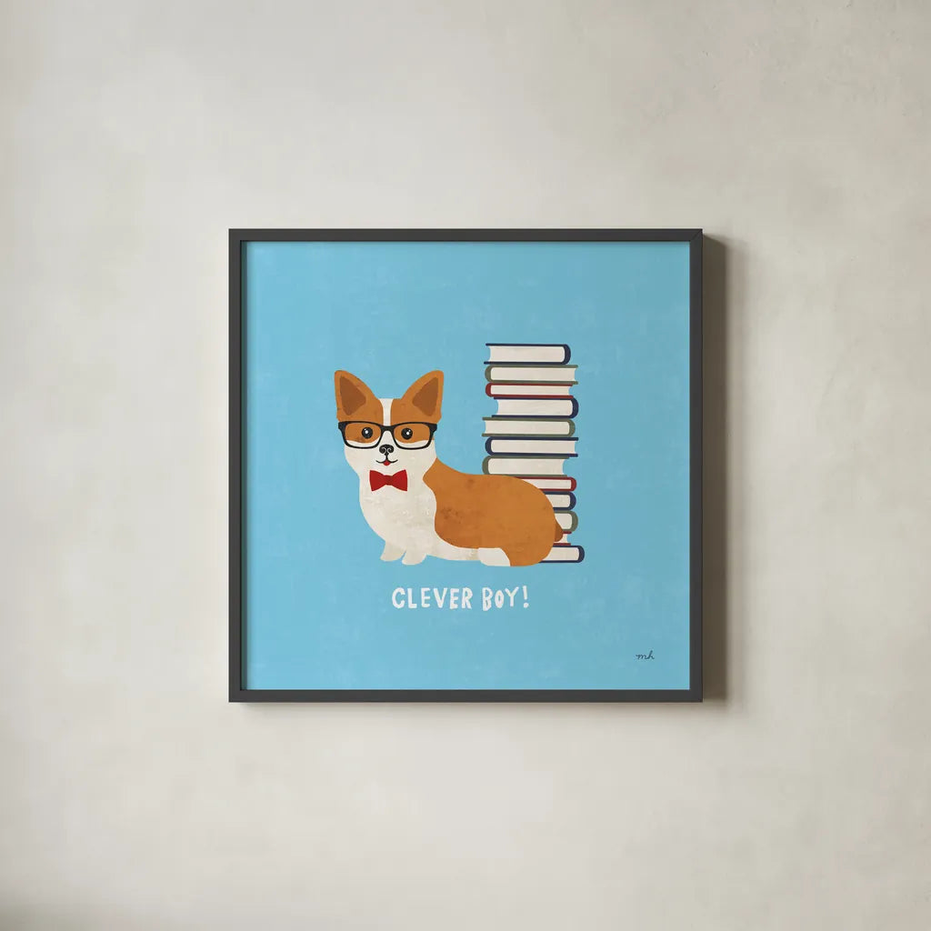 Good Dogs Corgi Bright by Moira Hershey. Shown in a sleek black glass frame for a contemporary gallery look. Available as an archival giclee rolled canvas, fine art paper, or poster print. SKU 21628a.