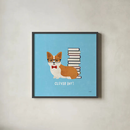 Good Dogs Corgi Bright by Moira Hershey. Shown in a sleek black glass frame for a contemporary gallery look. Available as an archival giclee rolled canvas, fine art paper, or poster print. SKU 21628a.