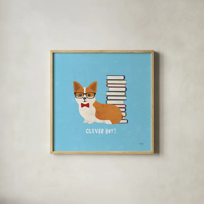 Good Dogs Corgi Bright by Moira Hershey. Shown in a natural wood glass frame for a timeless modern aesthetic. Available as an archival giclee rolled canvas, fine art paper, or poster print. SKU 21628a.