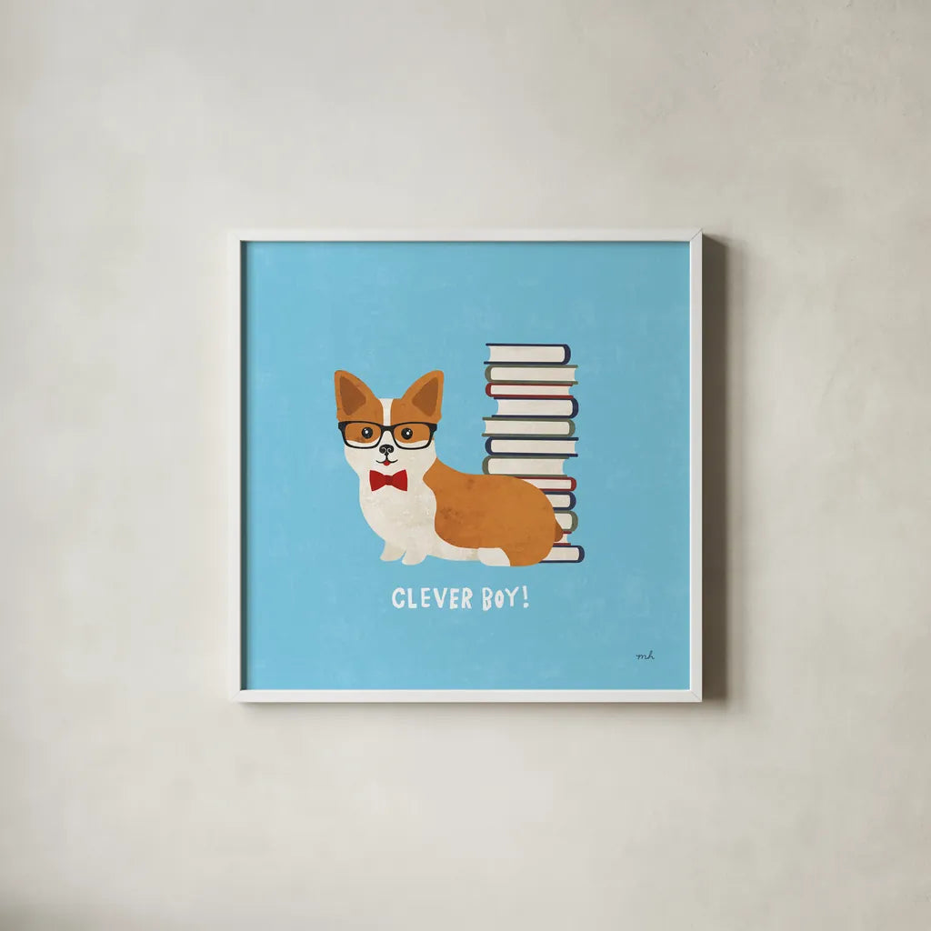 Good Dogs Corgi Bright by Moira Hershey. Shown in a crisp white glass frame for a clean and minimalist style. Available as an archival giclee rolled canvas, fine art paper, or poster print. SKU 21628a.