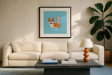 Good Dogs Corgi Bright by Moira Hershey. Displayed in a glass frame with matte in a clean modern living room. Available as an archival giclee rolled canvas, fine art paper, or poster print. SKU 21628a.