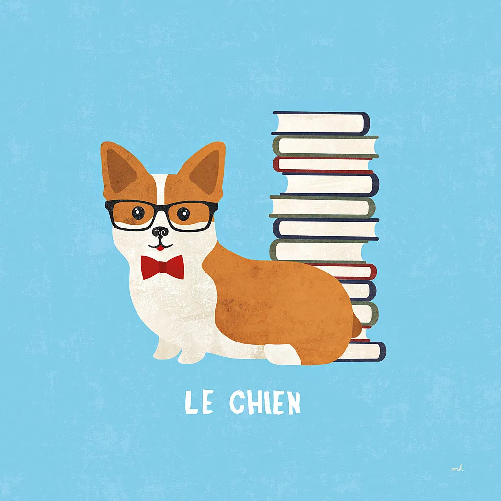 Good Dogs Corgi Bright Le Chien by Moira Hershey. SKU 34407a. Archival Giclee Fine art print for wall decor.