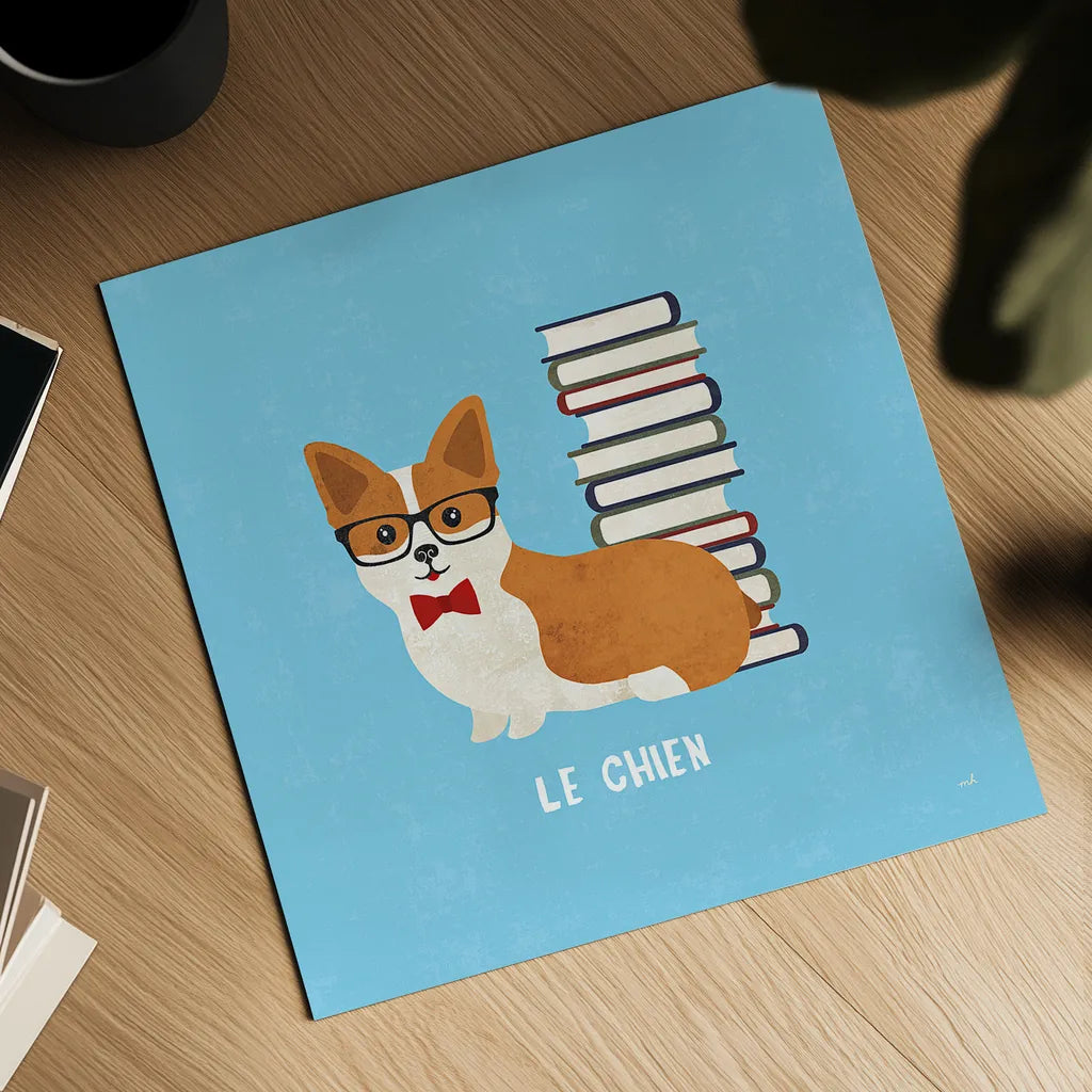 Good Dogs Corgi Bright Le Chien by Moira Hershey. Shown as a detailed flat fine art print, highlighting archival giclee quality. Available as an archival giclee rolled canvas, fine art paper, or poster print. SKU 34407a.