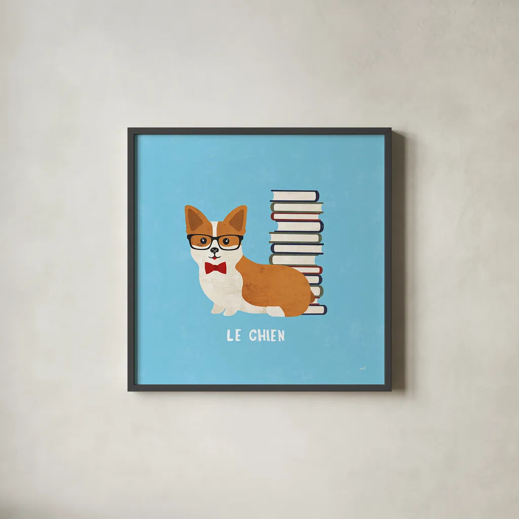 Good Dogs Corgi Bright Le Chien by Moira Hershey. Shown in a sleek black glass frame for a contemporary gallery look. Available as an archival giclee rolled canvas, fine art paper, or poster print. SKU 34407a.