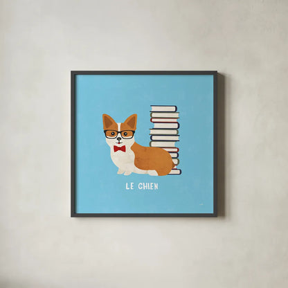 Good Dogs Corgi Bright Le Chien by Moira Hershey. Shown in a sleek black glass frame for a contemporary gallery look. Available as an archival giclee rolled canvas, fine art paper, or poster print. SKU 34407a.