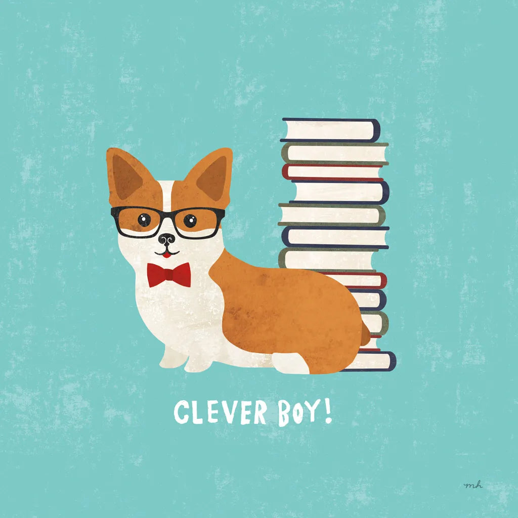 Good Dogs Corgi Teal by Moira Hershey. SKU 19092a. Archival Giclee Fine art print for wall decor.