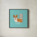 Good Dogs Corgi Teal by Moira Hershey. Shown in a sleek black glass frame for a contemporary gallery look. Available as an archival giclee rolled canvas, fine art paper, or poster print. SKU 19092a.