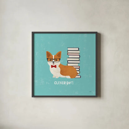 Good Dogs Corgi Teal by Moira Hershey. Shown in a sleek black glass frame for a contemporary gallery look. Available as an archival giclee rolled canvas, fine art paper, or poster print. SKU 19092a.