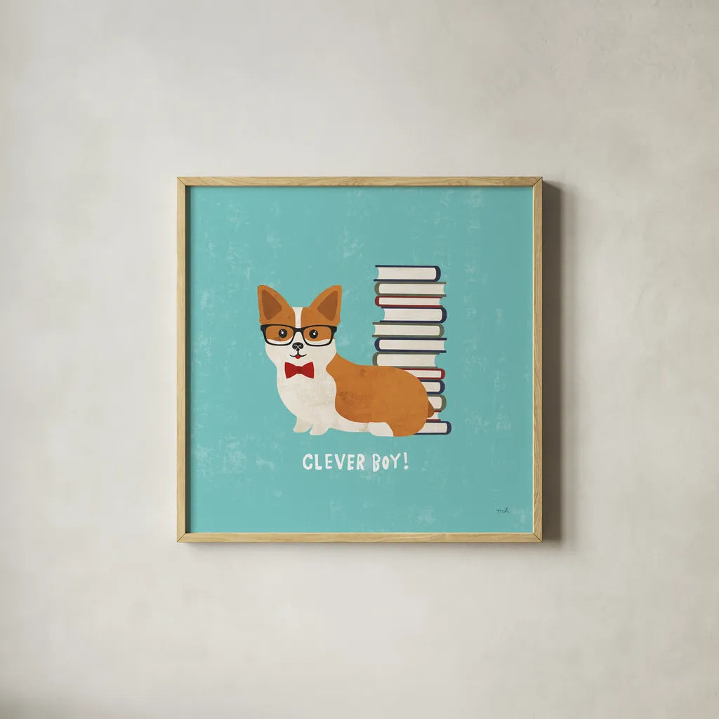 Good Dogs Corgi Teal by Moira Hershey. Shown in a natural wood glass frame for a timeless modern aesthetic. Available as an archival giclee rolled canvas, fine art paper, or poster print. SKU 19092a.