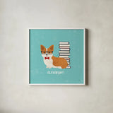 Good Dogs Corgi Teal by Moira Hershey. Shown in a crisp white glass frame for a clean and minimalist style. Available as an archival giclee rolled canvas, fine art paper, or poster print. SKU 19092a.
