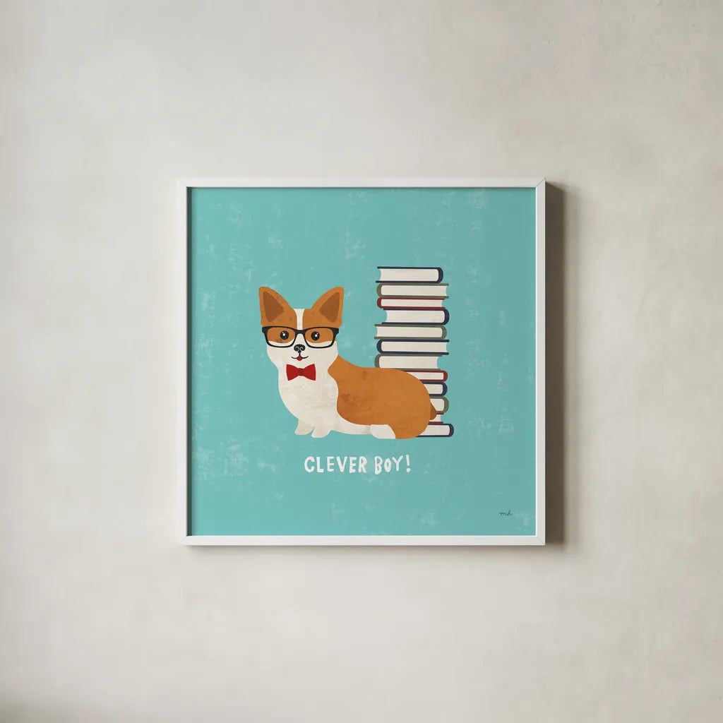 Good Dogs Corgi Teal by Moira Hershey. Shown in a crisp white glass frame for a clean and minimalist style. Available as an archival giclee rolled canvas, fine art paper, or poster print. SKU 19092a.