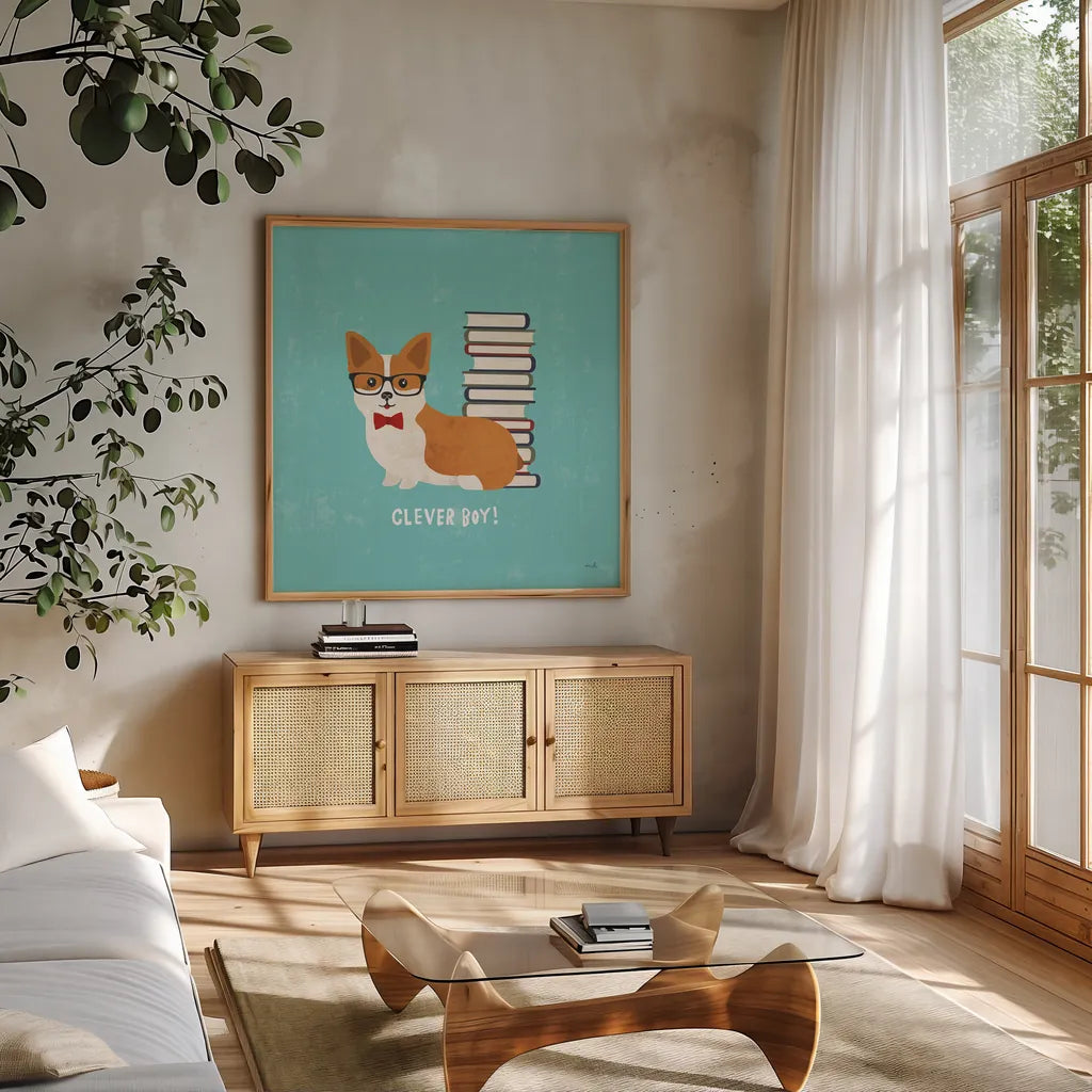 Good Dogs Corgi Teal by Moira Hershey. Shown in a natural wood frame in a cozy modern living room. Available as an archival giclee rolled canvas, fine art paper, or poster print. SKU 19092a.