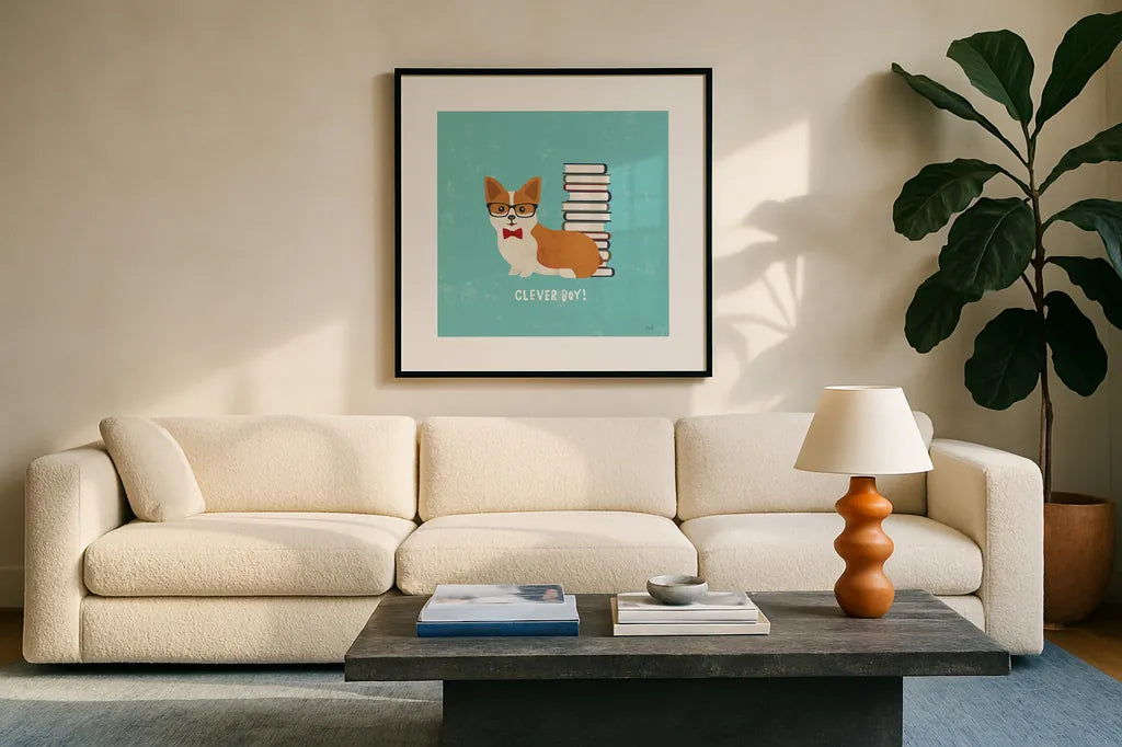 Good Dogs Corgi Teal by Moira Hershey. Displayed in a glass frame with matte in a clean modern living room. Available as an archival giclee rolled canvas, fine art paper, or poster print. SKU 19092a.