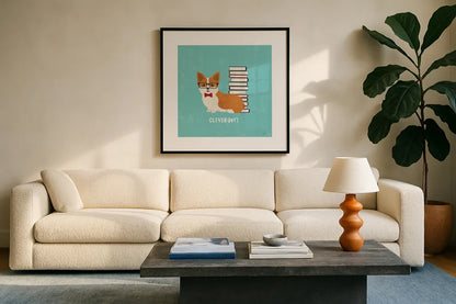 Good Dogs Corgi Teal by Moira Hershey. Displayed in a glass frame with matte in a clean modern living room. Available as an archival giclee rolled canvas, fine art paper, or poster print. SKU 19092a.