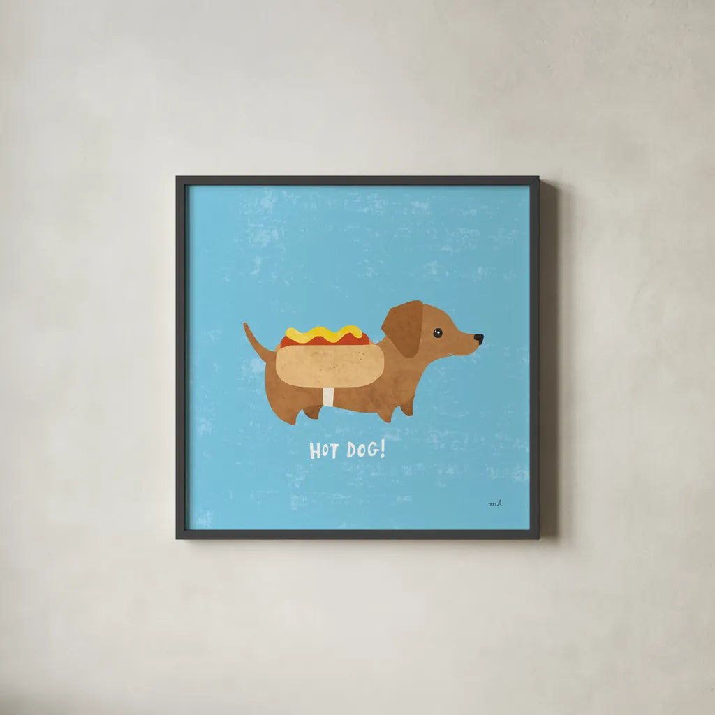 Good Dogs Dachshound by Moira Hershey. Shown in a sleek black glass frame for a contemporary gallery look. Available as an archival giclee rolled canvas, fine art paper, or poster print. SKU 21237a.