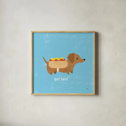 Good Dogs Dachshound by Moira Hershey. Shown in a natural wood glass frame for a timeless modern aesthetic. Available as an archival giclee rolled canvas, fine art paper, or poster print. SKU 21237a.