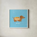 Good Dogs Dachshound by Moira Hershey. Shown in a crisp white glass frame for a clean and minimalist style. Available as an archival giclee rolled canvas, fine art paper, or poster print. SKU 21237a.