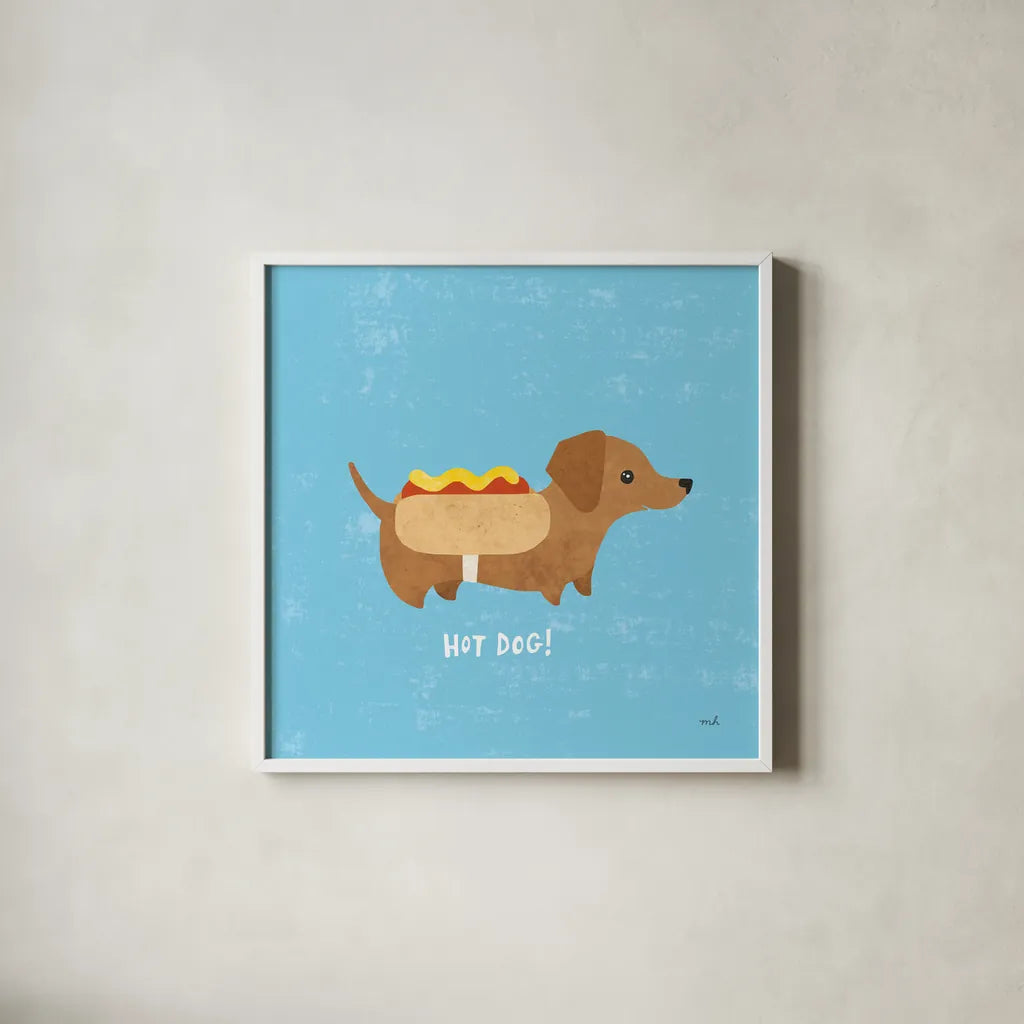 Good Dogs Dachshound by Moira Hershey. Shown in a crisp white glass frame for a clean and minimalist style. Available as an archival giclee rolled canvas, fine art paper, or poster print. SKU 21237a.