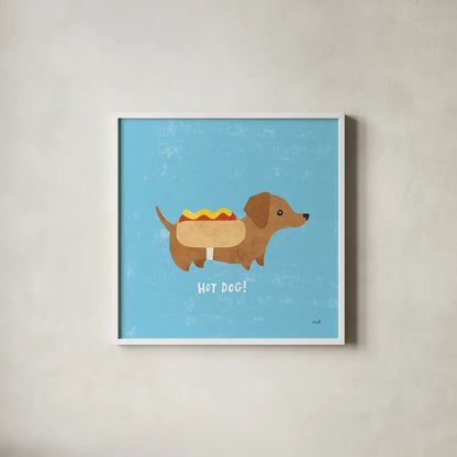 Good Dogs Dachshound by Moira Hershey. Shown in a crisp white glass frame for a clean and minimalist style. Available as an archival giclee rolled canvas, fine art paper, or poster print. SKU 21237a.
