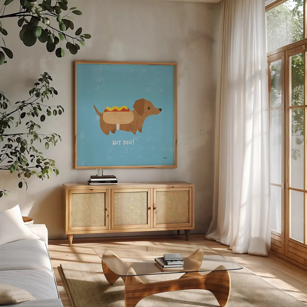 Good Dogs Dachshound by Moira Hershey. Shown in a natural wood frame in a cozy modern living room. Available as an archival giclee rolled canvas, fine art paper, or poster print. SKU 21237a.