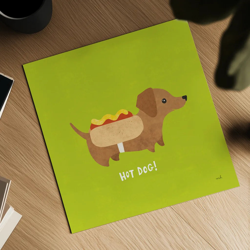 Good Dogs Dachshund Bright by Moira Hershey. Shown as a detailed flat fine art print, highlighting archival giclee quality. Available as an archival giclee rolled canvas, fine art paper, or poster print. SKU 21629a.